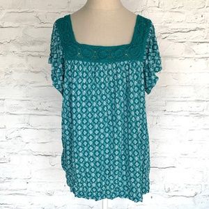 Old Navy short sleeve top blue green square neck crochet knit NWOT